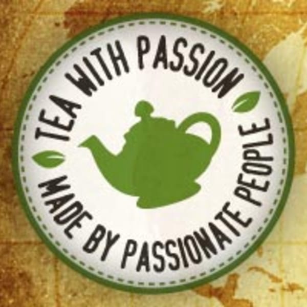 Round green and white logo with a teapot and text "Tea with Passion, Made by Passionate People".