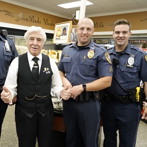 Ana's Corner Store owner and two police officers smiling and giving thumbs up inside the deli.