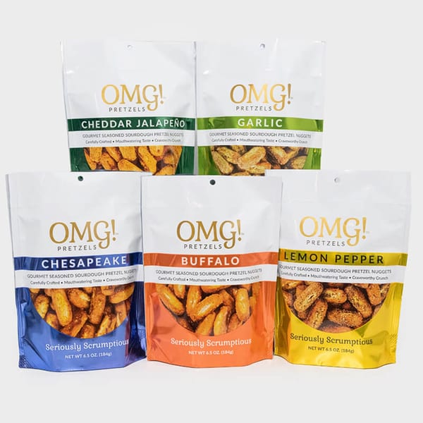 Five bags of OMG! Pretzels in Cheddar Jalapeño, Garlic, Chesapeake, Buffalo, and Lemon Pepper flavors.