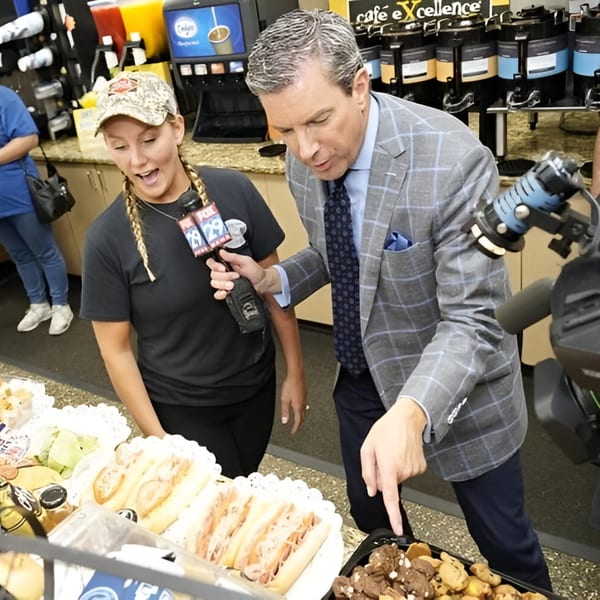 A reporter interviews a deli worker about sandwiches and cookies at Ana's Corner Store.