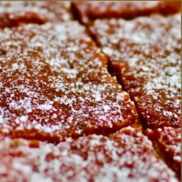Close-up of Ana's Corner Store's deli dessert bars, cut into squares and dusted with powdered sugar.