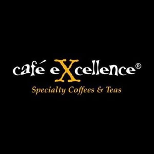 The "Café eXcellence Specialty Coffees & Teas" logo in white and gold on a black background.