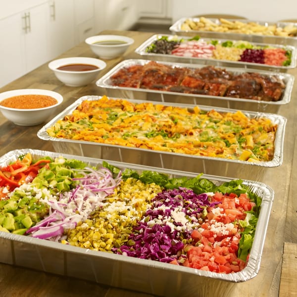 Ana's Corner Store deli catering spread with salads, pasta, and ribs in foil trays.