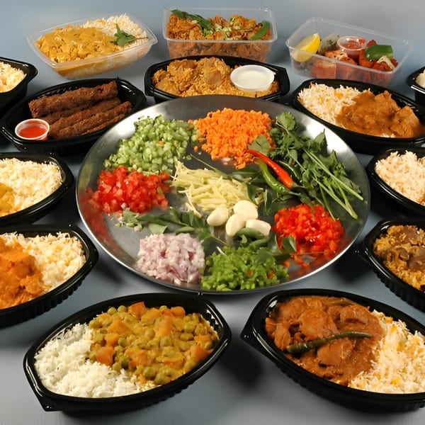 A variety of deli meals and fresh chopped ingredients arranged on a table.