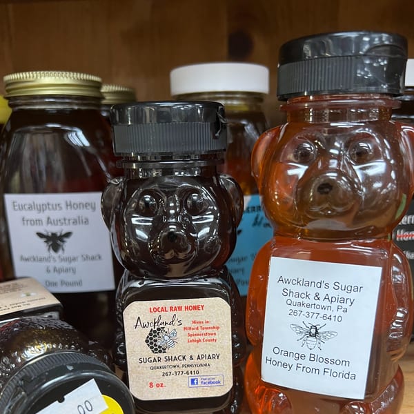 Various honey jars, including bear-shaped bottles of local raw honey and orange blossom honey.