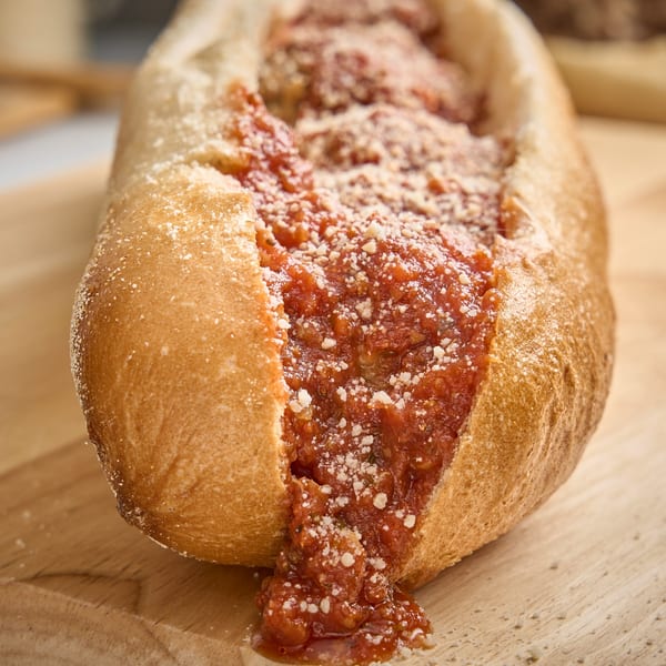 A close-up of a meatball sub from Ana's Corner Store, overflowing with red sauce and parmesan cheese.